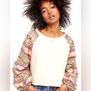 Free People Gone Global Embroidered Balloon Sleeves Sweatshirt Size Small